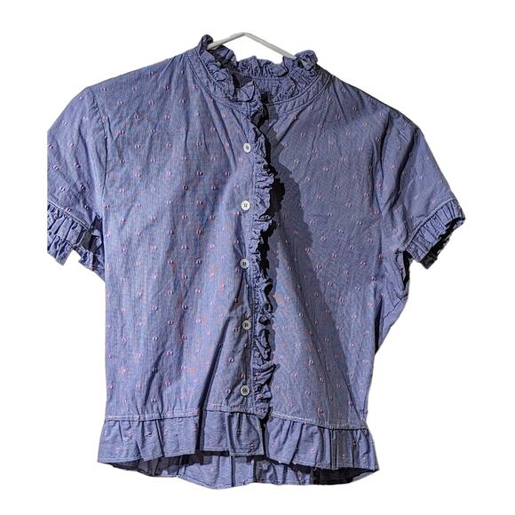 Court & Rowe Blue W/ Pink Dot Embroidered Ruffle Button Up Blouse Womens Sz S - Picture 1 of 11